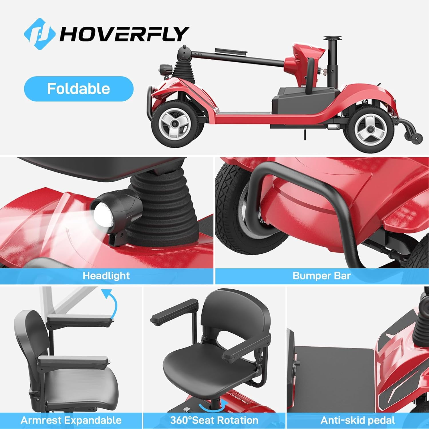 Hoverfly T4 Electric Mobility Scooter for Seniors, 4 Wheels, 330 lbs Capacity, Basket & LED Lights, Red