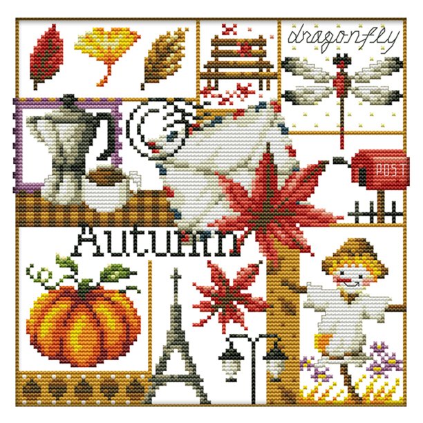 (3) Hilo Algodón Ecológico 14CT Impresión 2 Hebras 27*26CM Four Seasons Autumn (impresión) Kit Serie Dibujos Animados en Punto Cruz (manual en Inglés) K942