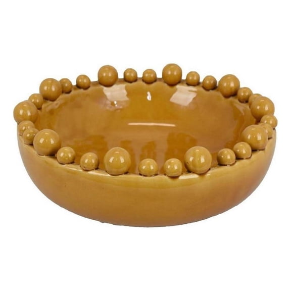 Benjara Saul Decorative Bowl- 16" Yellow Ceramic Body- Bubble Design Edges