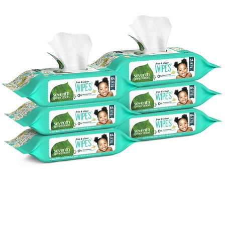 Seventh Generation Thick & Strong Free and Clear Baby Wipes Refill, Pack of 6 (Total 384 Count)