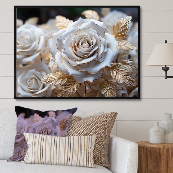 Designart "Pure Gold Rose Adoration" Roses Floater Framed Canvas Art Print