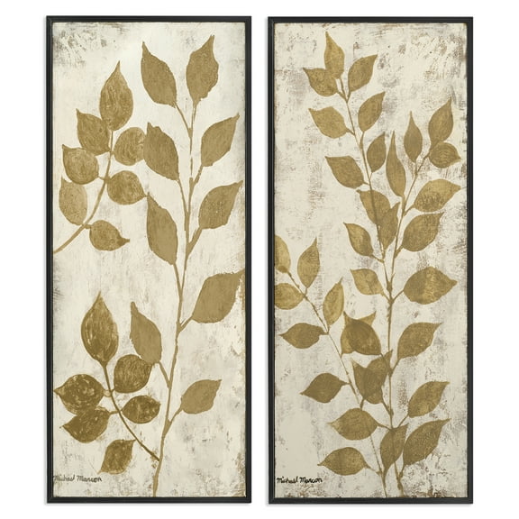 Stupell Industries Distressed Natural Leaves Floral & Botanical Painting Black Framed Art Print Wall Art, 10 x 24, Set of 2