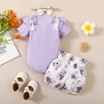 thumbnail image 4 of Kucnuzki 6 Months Baby Girl Summer Outfits Shorts Sets 9 Months Short Sleeve Solid Color Rib Knitted Floral Panel Romper Tops Elastic Floral Shorts Headband 3PCS Set Purple, 4 of 8