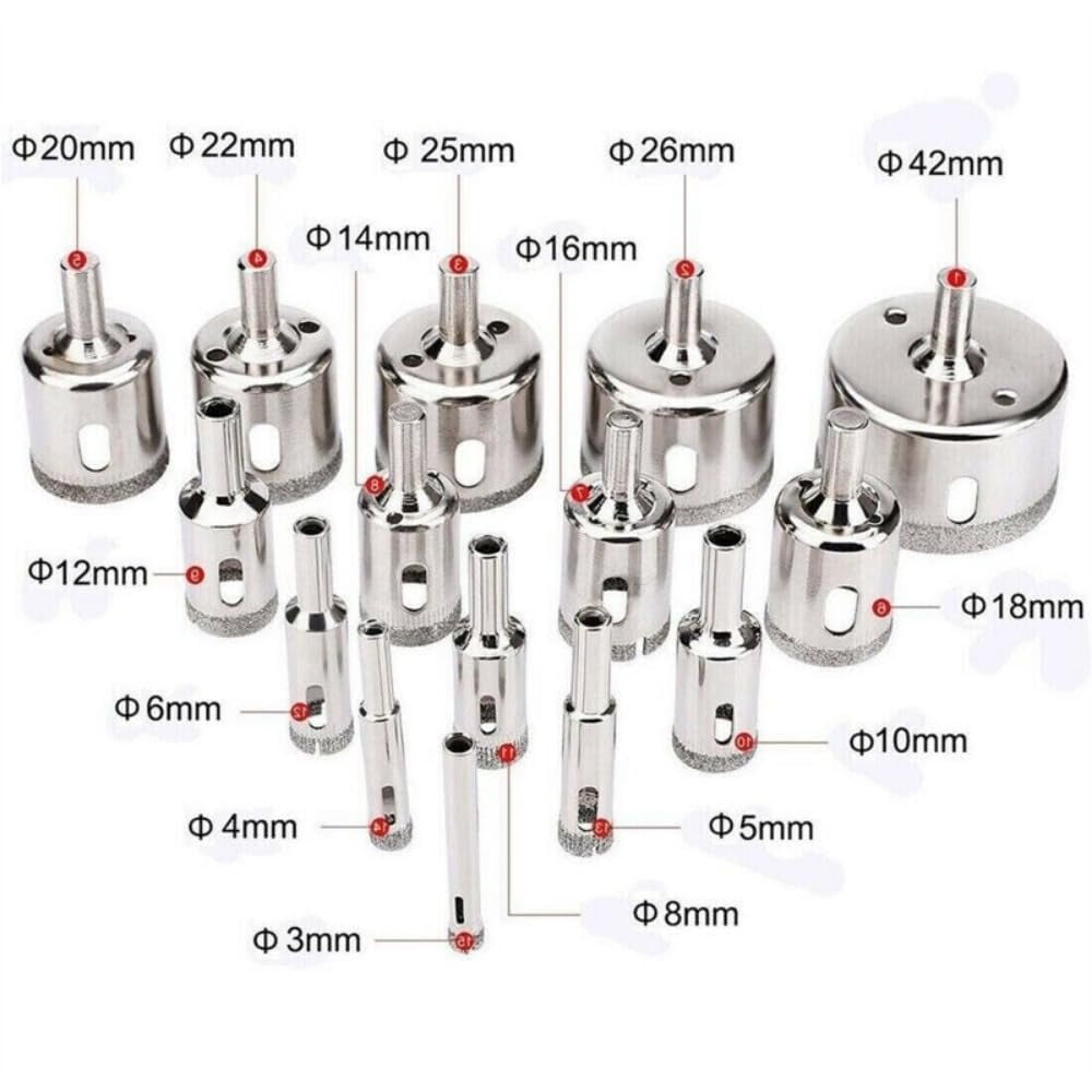 15 PCS Diamond Hole Saw Drill Bit Set 15 Sizes Nickel Plated Glass Drill Bits For Glass Ceramic Tile Bottles Block Jars And Fiberglass Ceramic Tiles