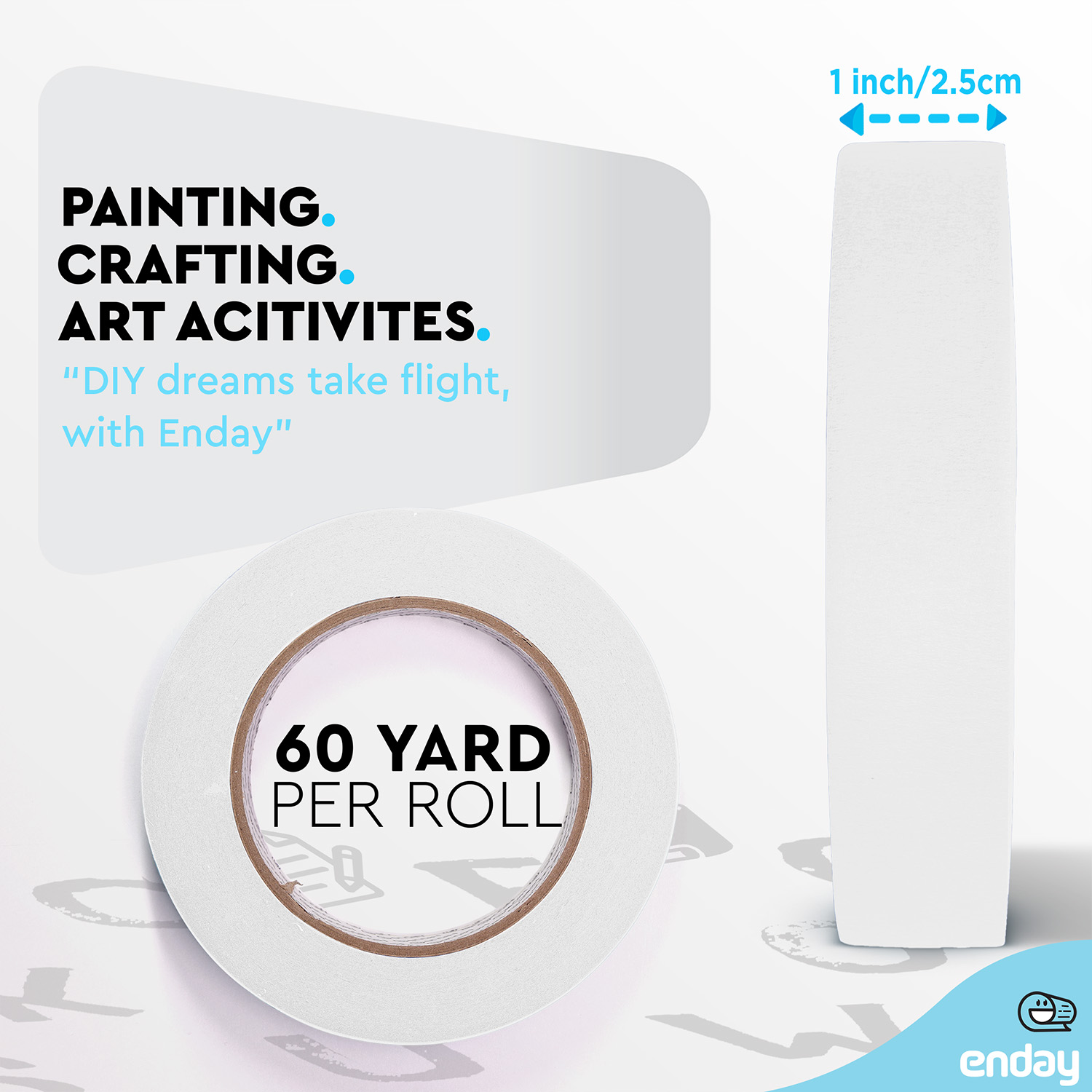 enday Masking Tape, 1" x 60 Yards, White, Pack of 6