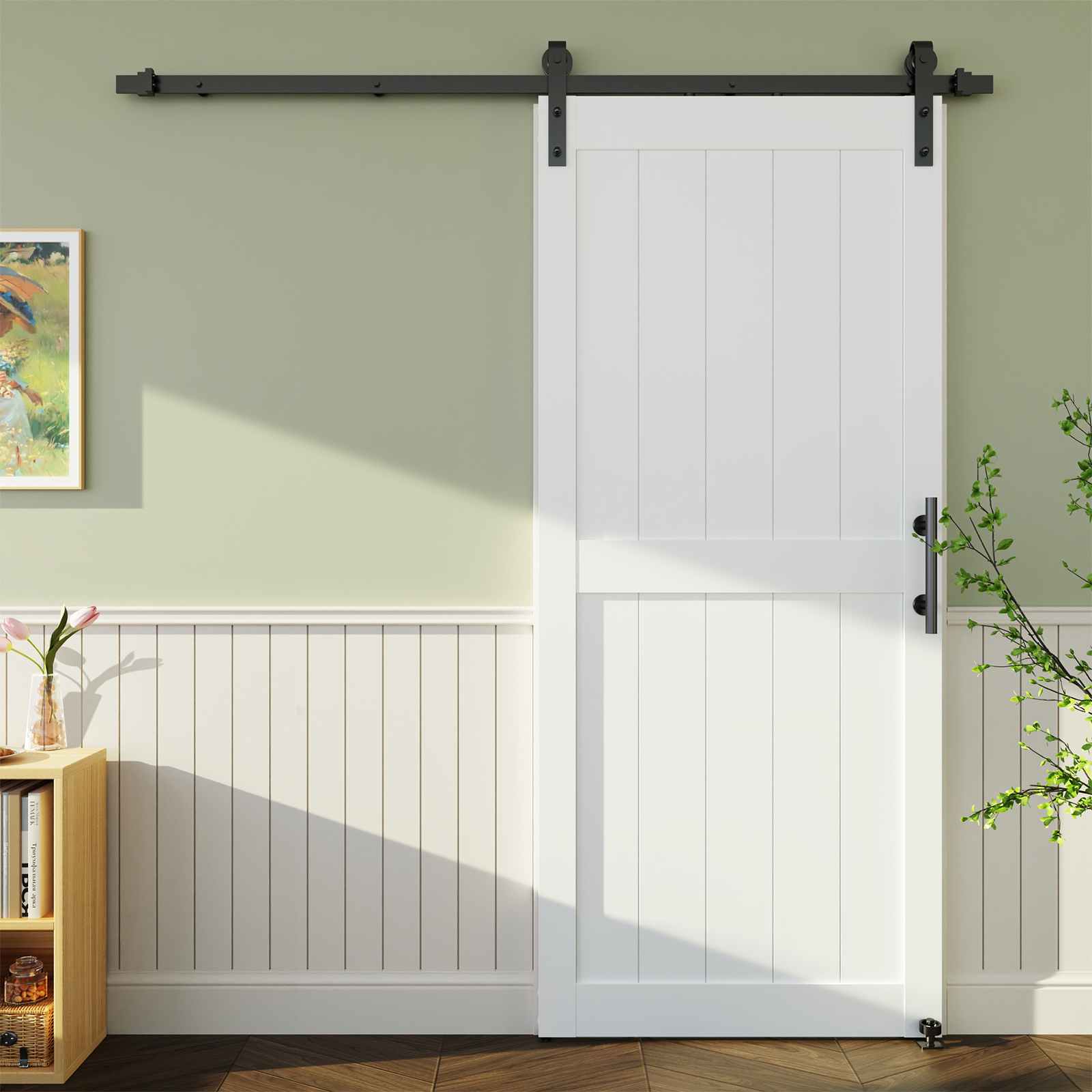 Miniyam White H-Shaped MDF Sliding Barn Door with Hardware and Handle, 36 in x 84 in