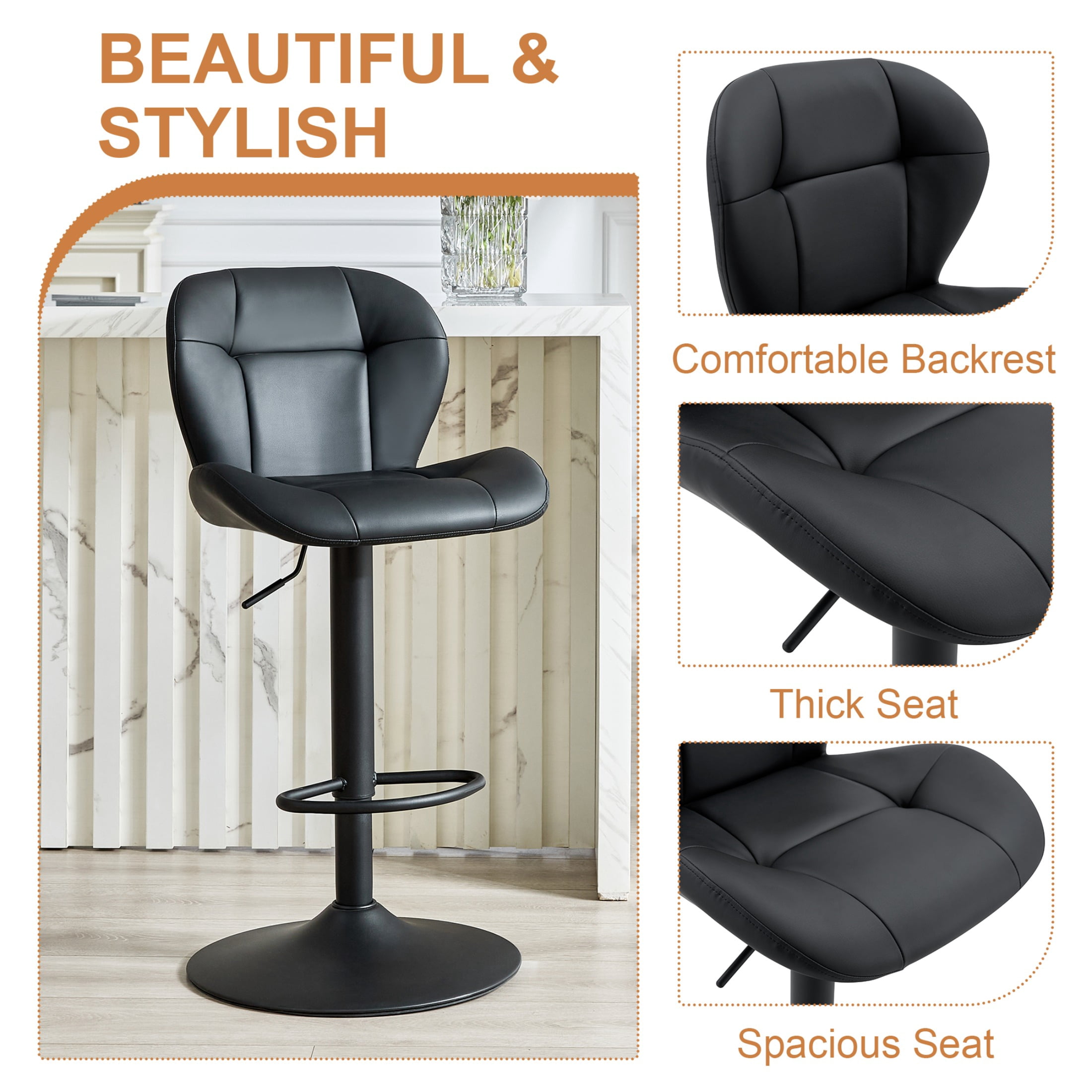 Bar Stools Set of 2, PU Leather Upholstered Adjustable Swivel Barstools, Adjustable Height Bar Chairs with Metal Base & Footrest for Kitchen Island, Pub, Bar - Black