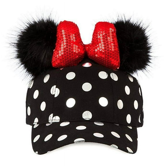Disney Minnie female Mouse Polka Dot Pom Pom Baseball Cap, Black