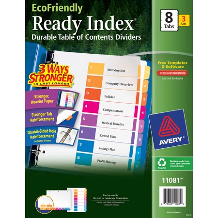 UPC: 0072782110819 | Avery Ready Index Eco-Friendly 8 Tab Binder Dividers  Customizable Table of Contents  3 Sets (11081)