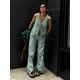 thumbnail image 3 of Conjunto de pantalón con estampado informal para mujer, traje holgado de cintura alta con cuello en V, sin mangas, volantes, 2024, 3 of 5