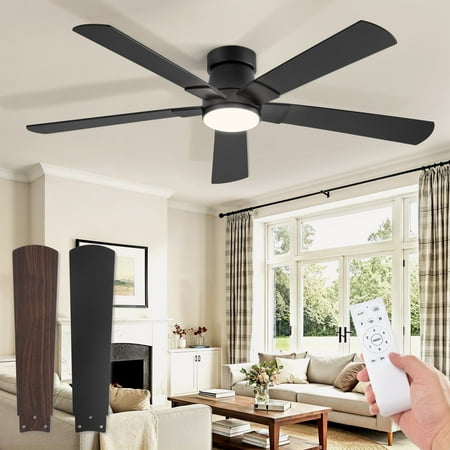 Zardon Ceiling Fans with Lights and Remote, 52in Low Profile Flush Mount Ceiling Fan with 6 Reversible Speeds for Bedroom Indoor, Black