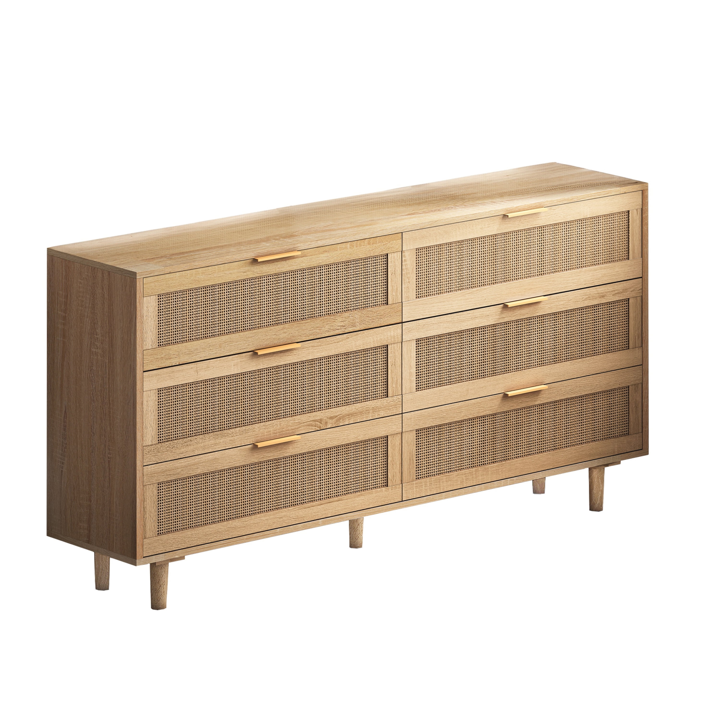 Rattan Dresser for Bedroom, Modern 6 Drawer Dresser, Wooden Storage Chest of Drawers for Living Room, Hallway (Natural)