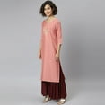 thumbnail image 4 of Janasya Indian Round Neck 3/4 Sleeve Embroidered Peach Poly Silk Kurta For Women, 4 of 7