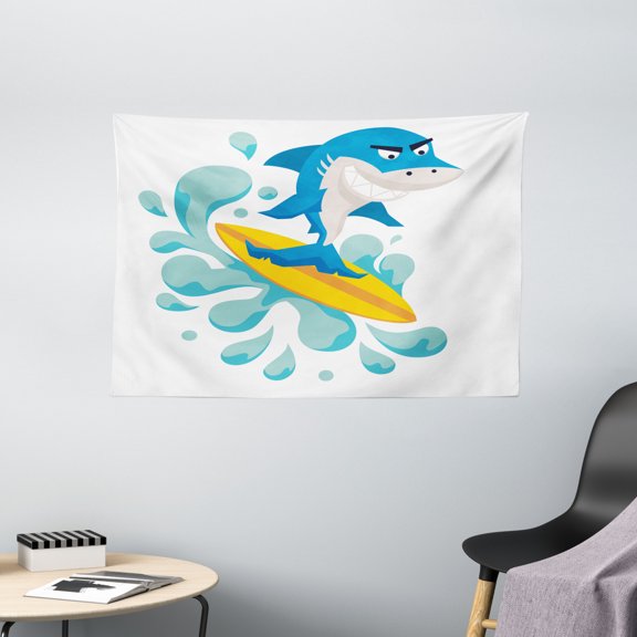 Ride The Wave Tapestry, Funny Shark Surfing in the Ocean Athletic Fish Graphic Art, Wall Hanging for Bedroom Living Room Dorm Decor, 60W X 40L Inches, Violet Blue Turquoise Yellow, by Ambesonne
