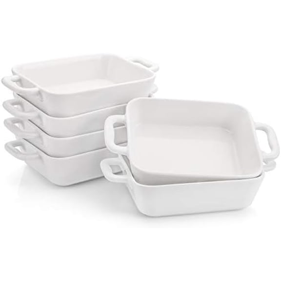 6 Pieces Bakeware Set, White Porcelain Souffle Dishes Creme Brulee Ramekins, 6-1/4 x 4-3/4 inch Rectangular Baking Pans with Double Handles