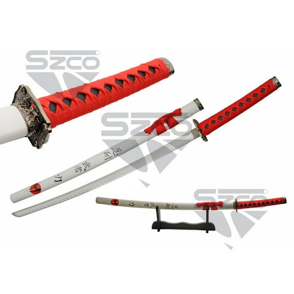 SZCO 37" Rising Sun Samurai Katana Sword with Stand Full Tang Stainless Steel Japanese Sword with Red Cord Wrapped Wood Handle & White Scabbard
