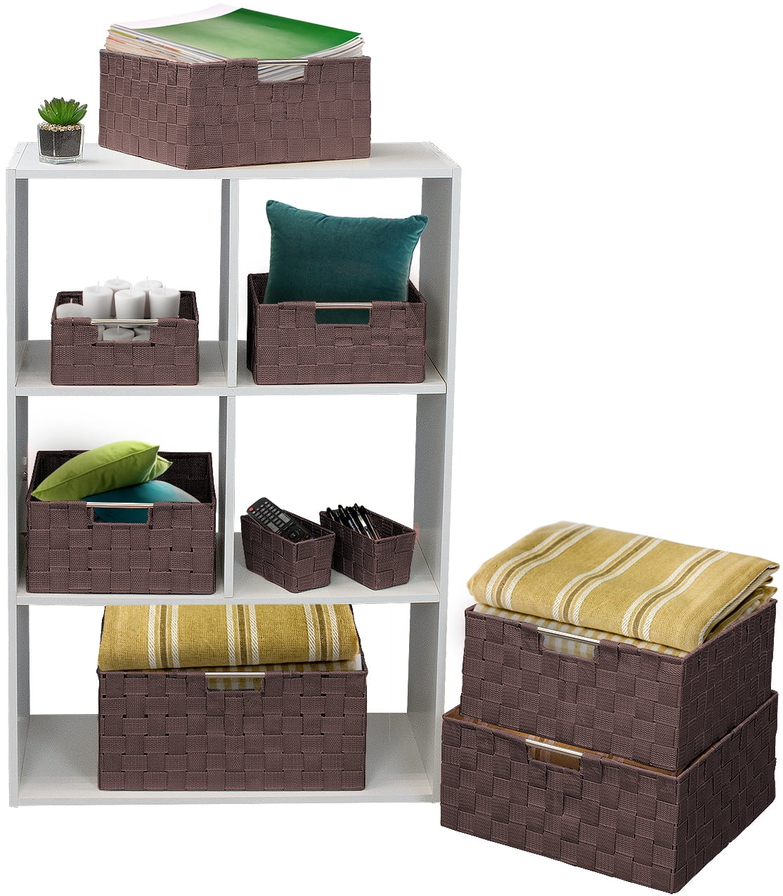 Sorbus Storage Box Woven Basket Bin Container Tote Cube Organizer Set Stackable Storage Basket Woven Strap Shelf Organizer Built-in Carry Handles (Woven Basket Set - 9 Piece, Chocolate)