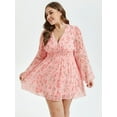 thumbnail image 3 of CurveSoul Floral Print Dresses for Women V Neck Long Sleeve Ruched Ruffle Short Dress Elastic High Waist Flowy Dress, 3 of 4