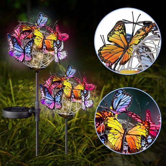 Outdoor Landscape Lighting Butterfly Lights, 2 Pack Solar Powered Garden Stake Lights, Multicored Decorative Copper String Lights Butterfly Decor for Outside Patio Lawn Walkway