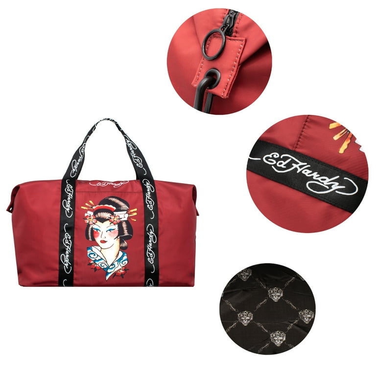 Ed Hardy Unisex Black Red Geisha Tatoo Print Nylon Weekender Duffle Bag With Adjustable Shoulder Strap Walmart