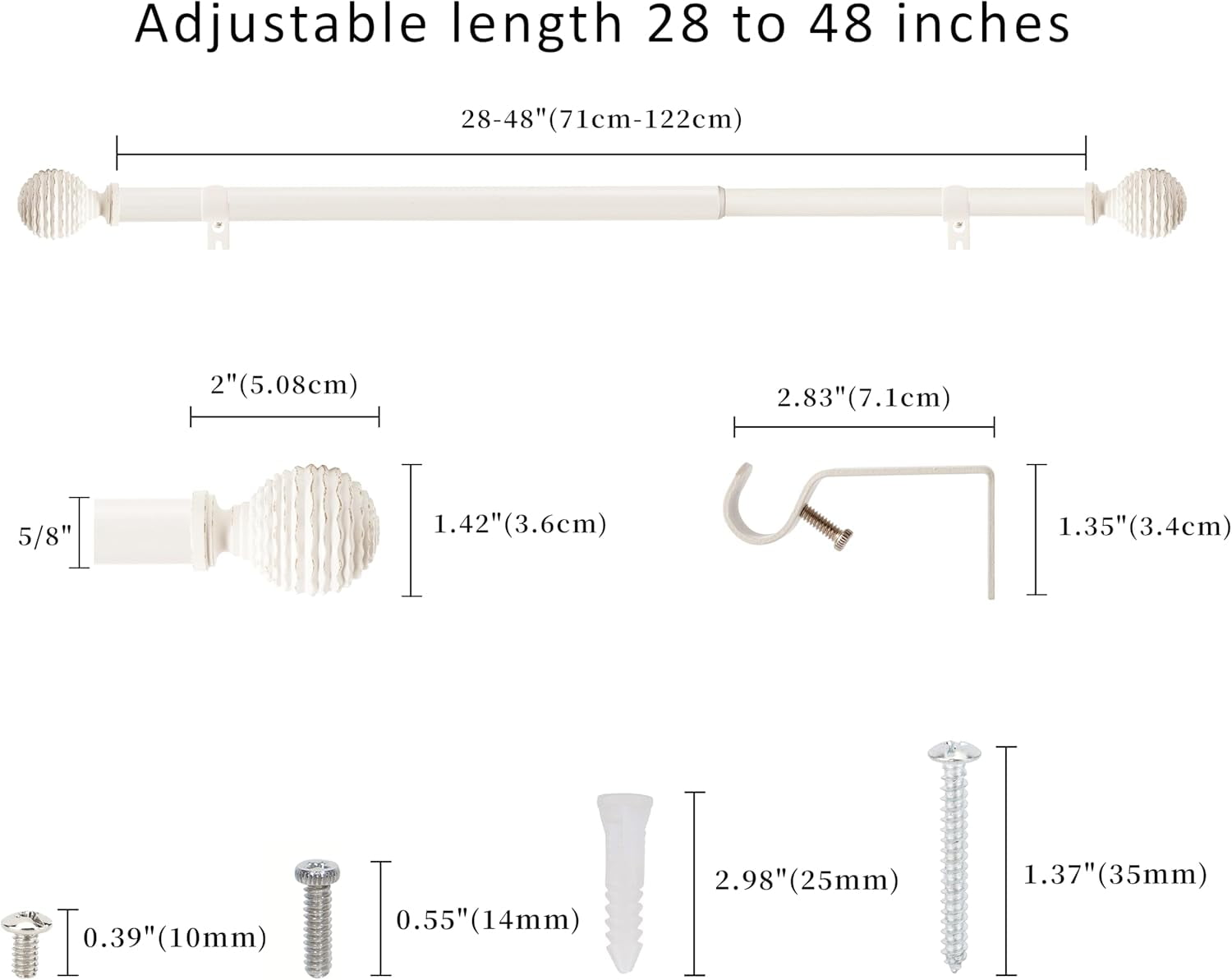 eTeckram 5/8" Single Curtain Rod with Boule Finials,Weathered White,28‘’-48‘’