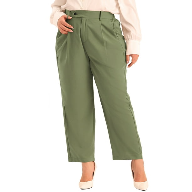 Conjuntos de trabajo de oficina para mujeres de talla grande Agnes Orinda, pantalones de negocios casuales rectos de cintura alta con bolsillo 3X en verde ejército