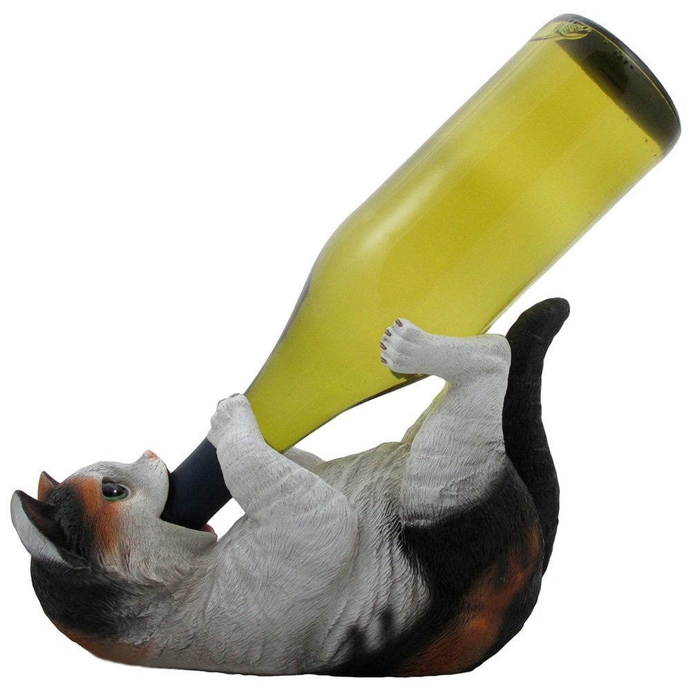 Decorative Calico Kitty Cat Wine Bottle Holder Statue As Countertop