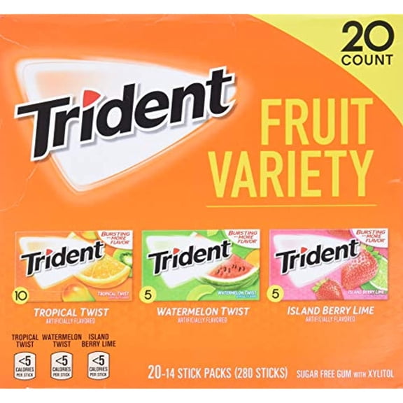 Trident Fruit Variety Pack Sugar Free Gum, 14 Count, Pack Of 20