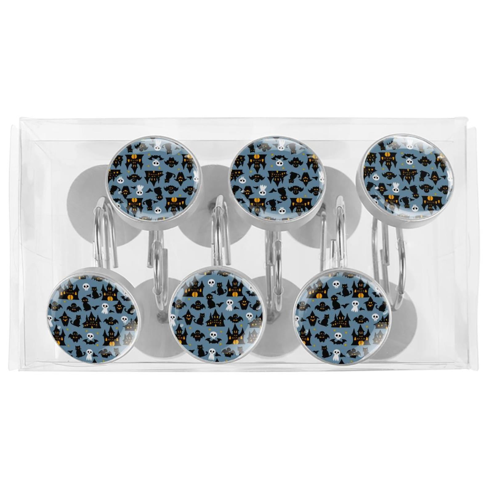 12pcs Decorative Shower Curtain Hooks, Rust Resistant Shower Rings for Bathroom Living Room,Rustproof Stainless Steel Rings for Shower Curtain and Liner Rods,Halloween Castle Bat Cats