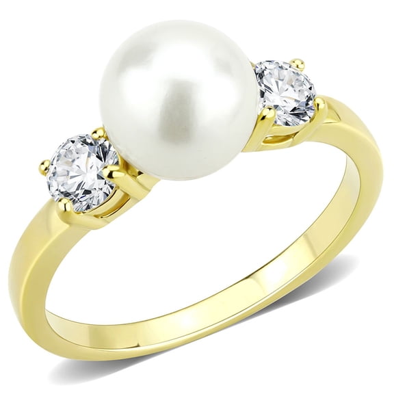 Luxe Jewelry Designs Women's Gold IP Stainless Steel Ring with White Synthetic Pearl - Size 8 (Pack