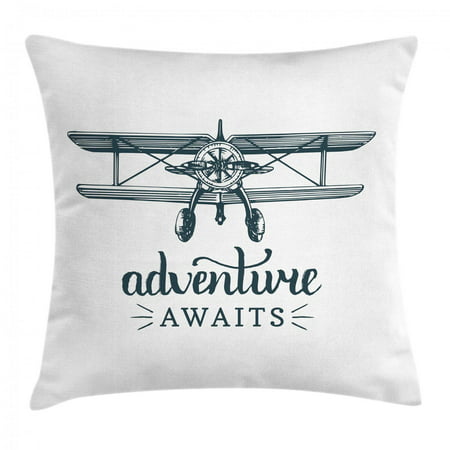 Adventure Awaits Throw Pillow Cushion Cover, Vintage Airplane Logo with Freedom Message Flying Aircraft, Decorative Square Accent Pillow Case, 16 X 16 Inches, Dark Petrol Blue White, by