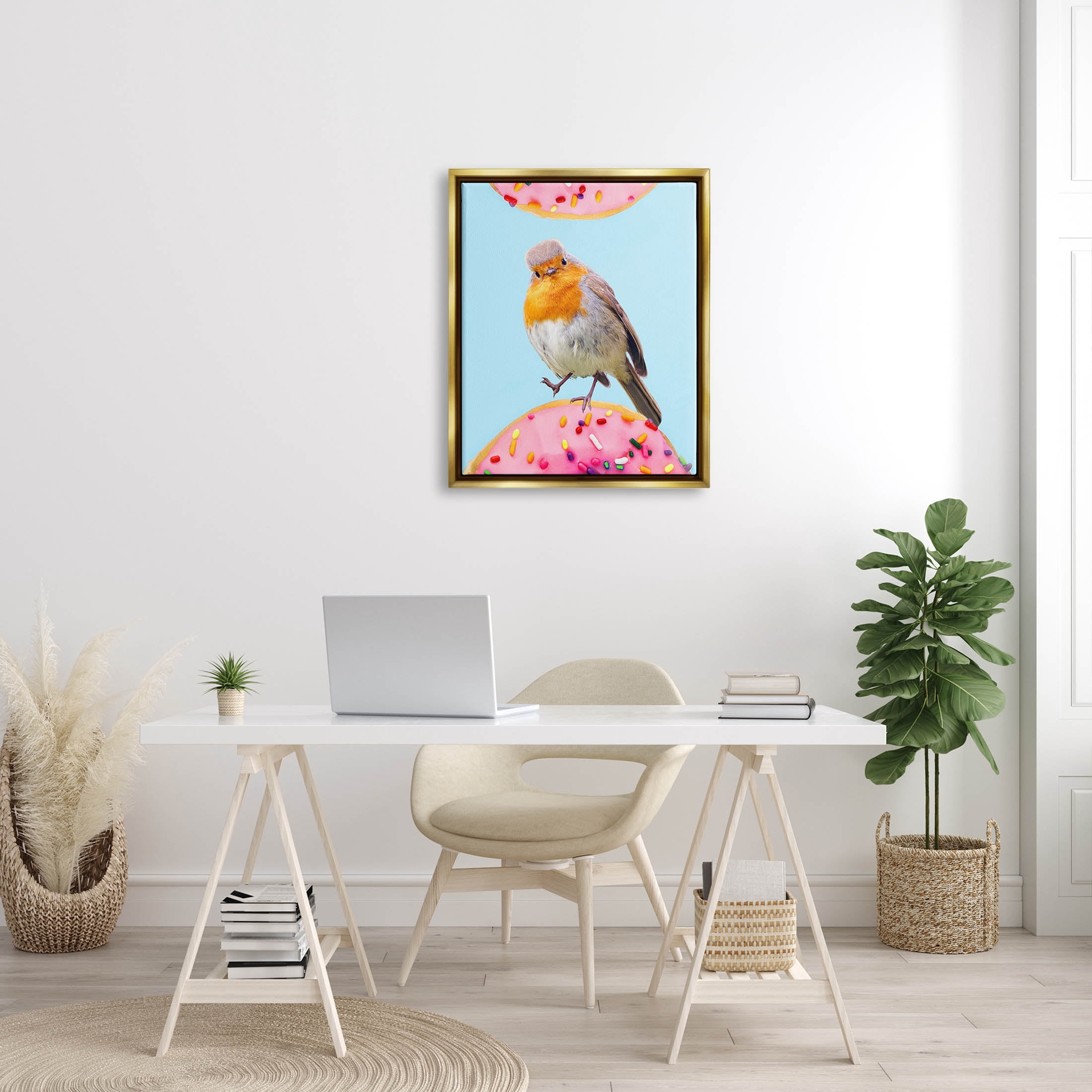 Bird Perched Sprinkled Donut Animals & Insects Graphic Art Metallic Gold Framed Art Print Wall Art