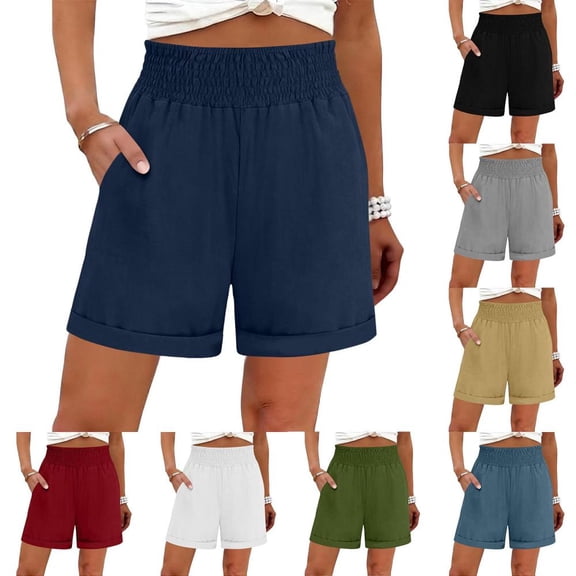 Bxsruta High Waist Cotton Shorts for Women with Pockets, Elastic Waistband, Casual Wide Leg