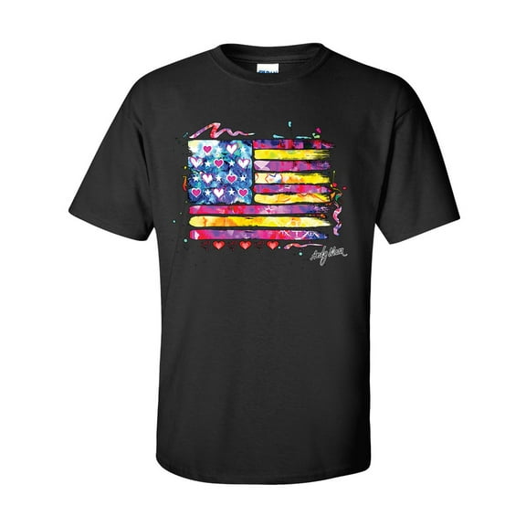 Patriotic Neon Watercolor American Flag Short Sleeve T-shirt-Black-small