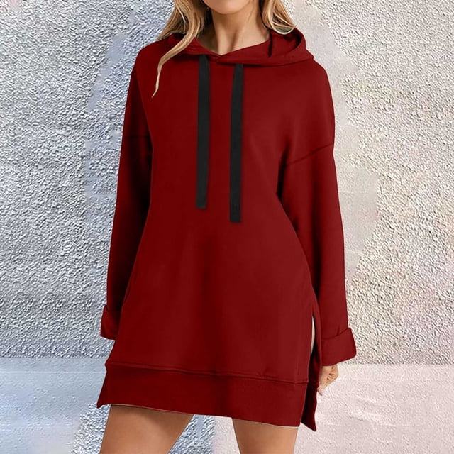Chandail à Capuche pour Femmes Robe Longueur Genou Long Chandail-Over Hauts Fendus Automne Hiver Chandail en Peluche
