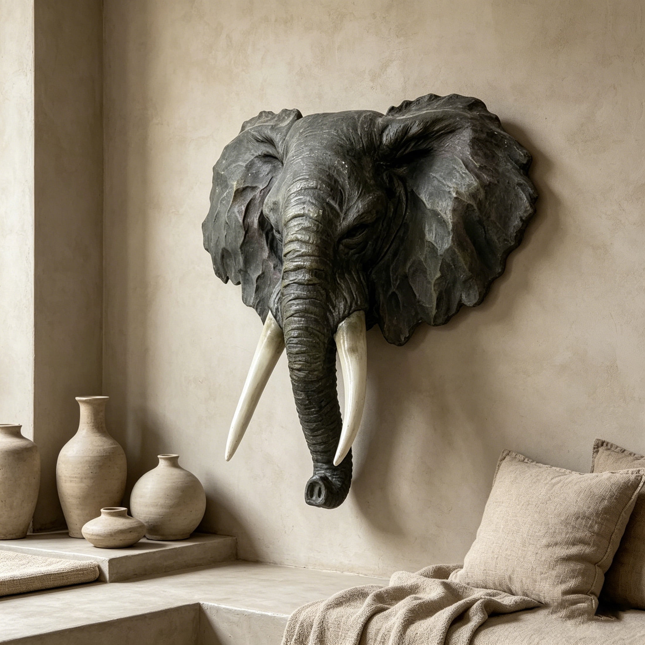 GDF Studio 15" Realistic African Elephant Head Wall Sculpture, Deep Gray Resin Animal Decor Gifts for Wildlife Lovers