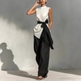 thumbnail image 4 of LEKWK Two Piece Sets for Women Mock Neck Tie Waist Sleeveless Tops and Wide Leg Pants Summer Fashion Beach Vacation Business Casual Outfits, 4 of 6