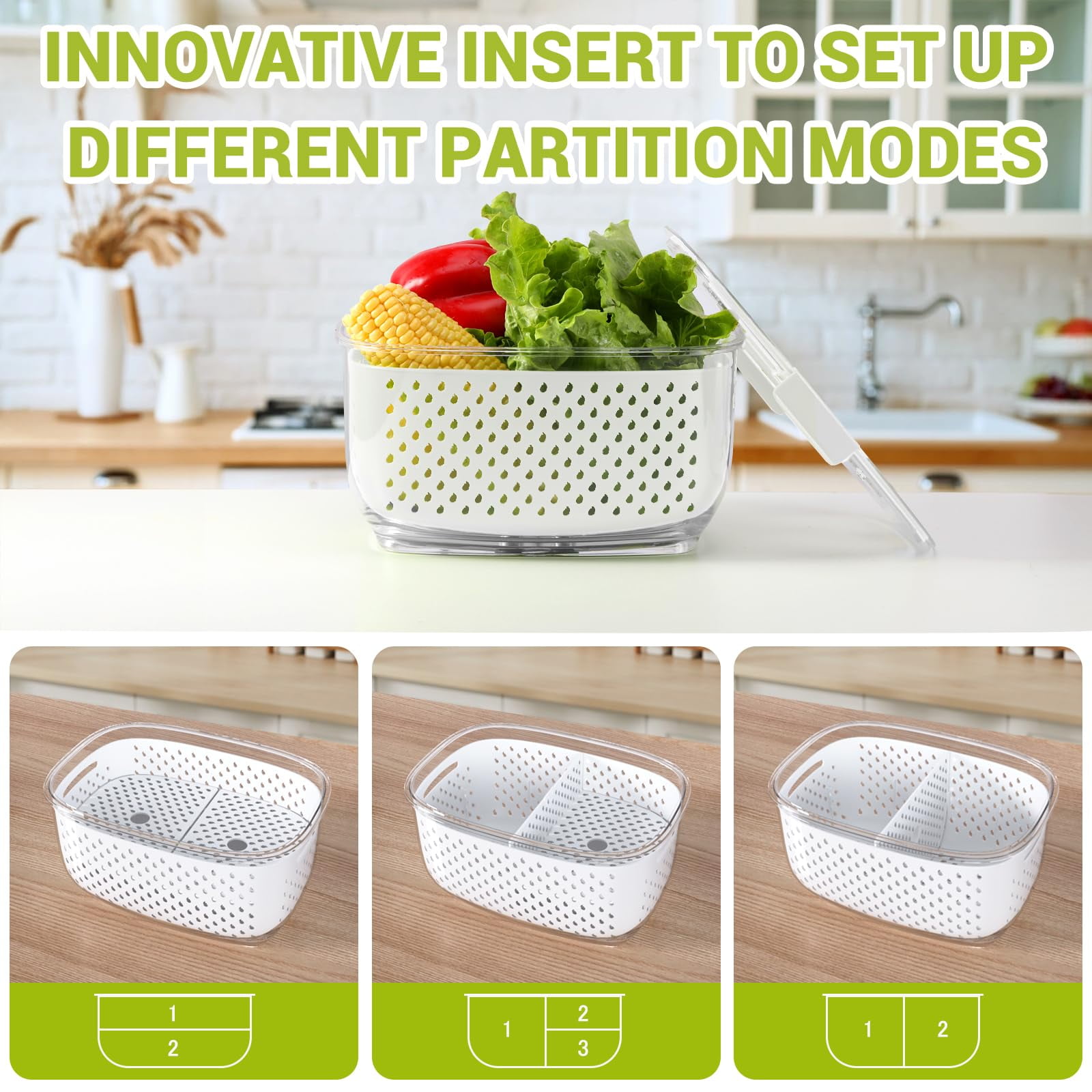 USIONE 3-Piece Fresh Produce Storage Containers - Partitioned Fridge Organizers for Fruits & Vegetables, White