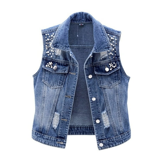 Women's Cropped Denim Vest Sleeveless Distressed Bead Detail Slim Fit Washed Jacket for Spring Summer Casual Layering Blue