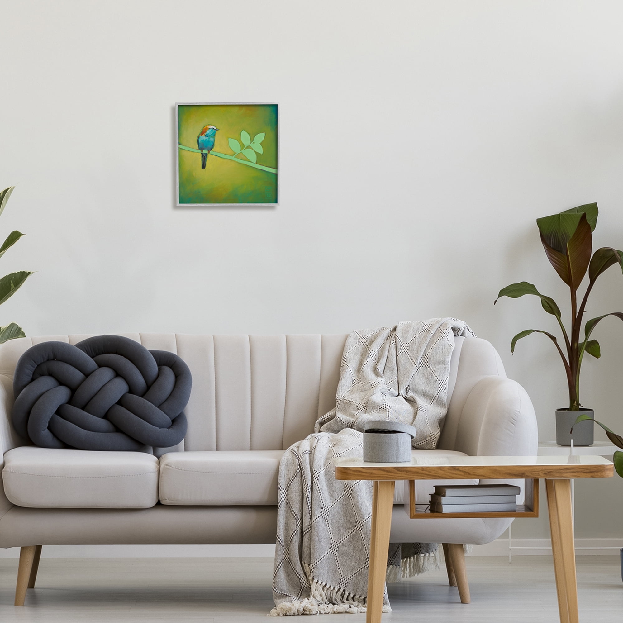 Stupell Industries Bird on Green Branch Animals & Insects Painting Gray Framed Art Print Wall Art, 12 x 12