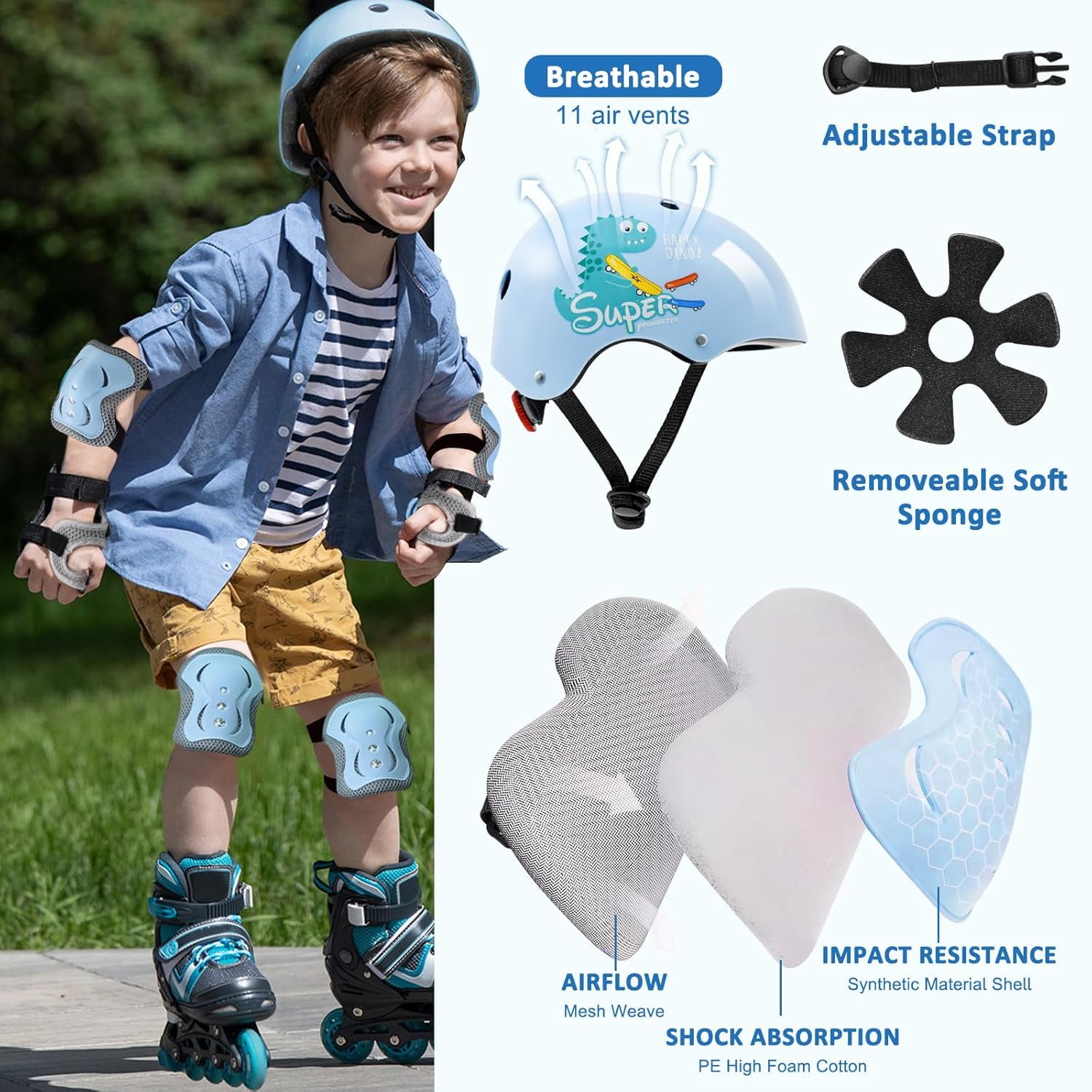 Adjustable Kids Bike Helmet Set with Knee, Elbow and Wrist Pads, Toddler Helmet for Ages 3-5-8-14 Boys Girls, Protective Gear Set for 3-14 Kids & Youth, for Bikes Skateboards Rollerskates