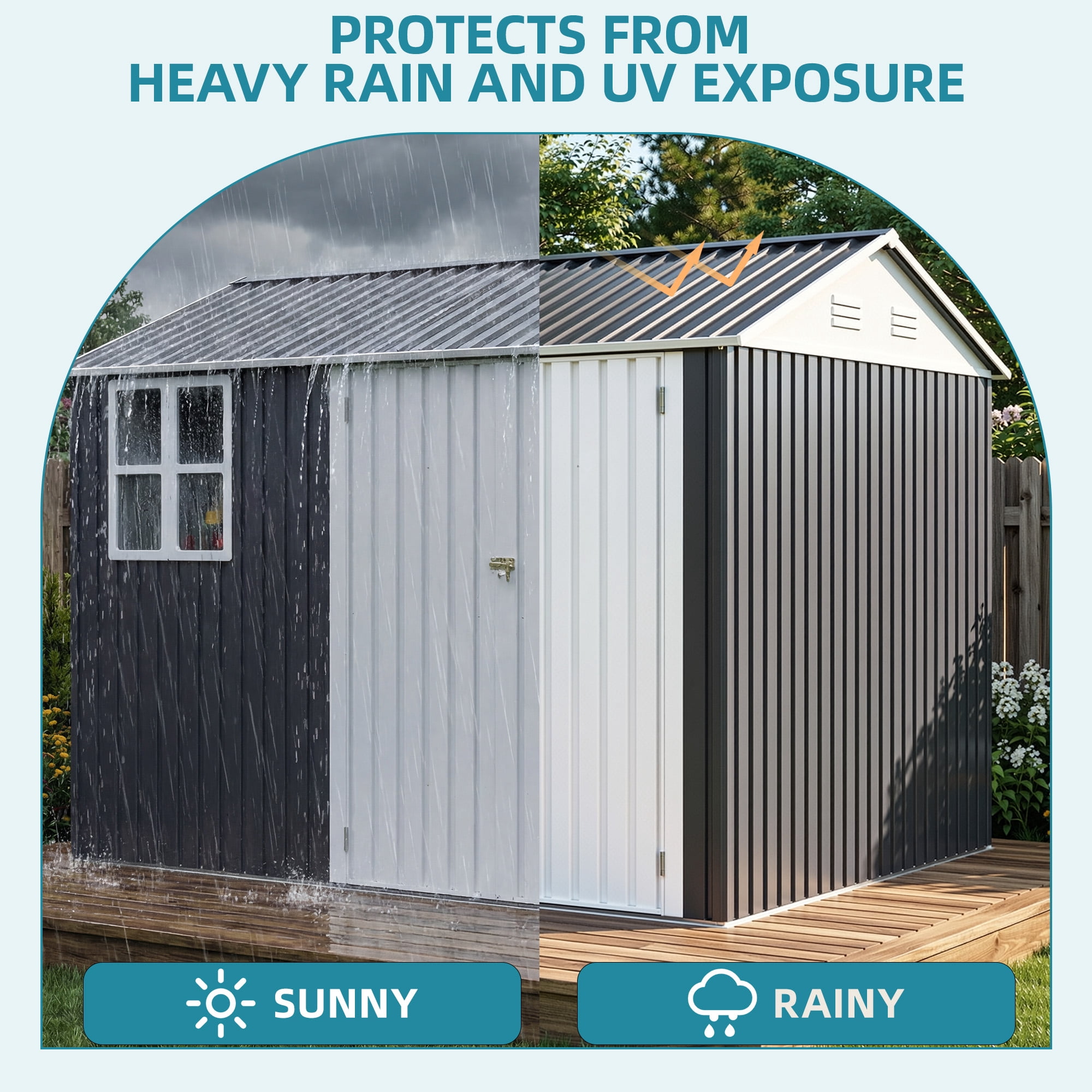 Uforic Metal Outdoor Storage Shed, 8x10ft Steel Tool Shed with Window, Lockable Door and Sloped Roof, for Backyard Patio Garage Lawn, Gray and White