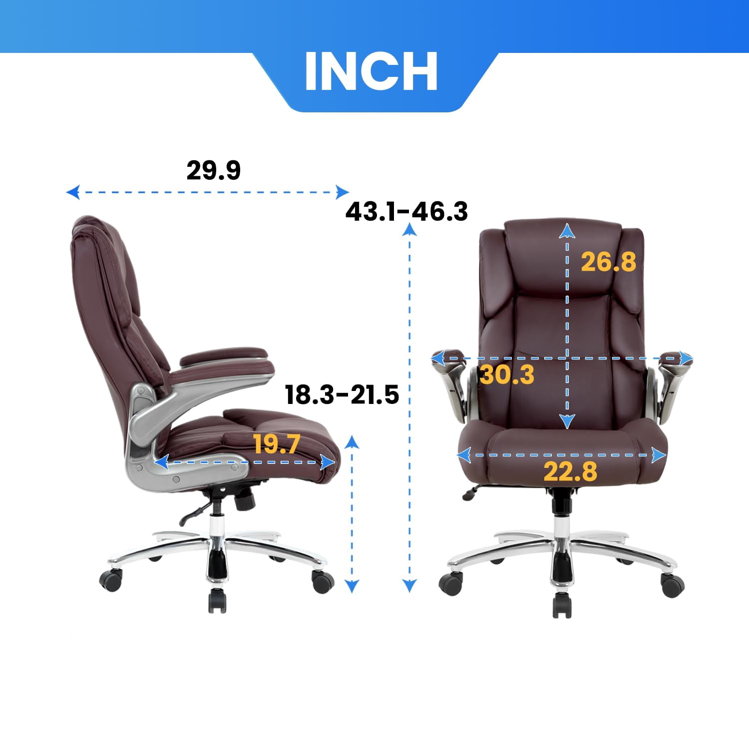 400lbs Big and Tall Office Chair  Ergonomic Desk Chair PU Leather Computer  Chair Adjustable High Back Rolling Chair with Lumbar Support for Adults, Brown