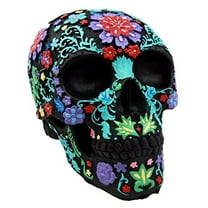 Atlantic Collectibles Day Of The Dead Black Multi Colored Floral Tattoo Skull Figurine 8.25"L