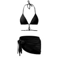 thumbnail image 4 of FhsagQ Womens Swimsuit Sets Crotchless Leather Women's 3PcsSet Shiny Rhinestone Decor Solid Color Lace up Bikini Cover up Set Bra Low Rise Briefs Sunscreen Skirt Set Beachwear Black S, 4 of 7