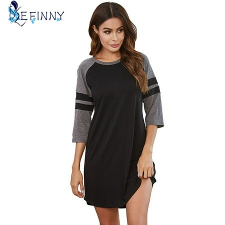 

Wisremt Womens Cotton Night Shirt for Sleeping Sleepwear 1/2 Sleeves Striped Patchwork Sleep Shirts S-XXL