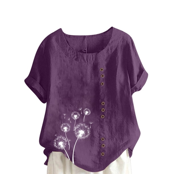 Vestidos Casuales Para Mujer, Blusas De Mujer De Moda Blusa informal de lino con cuello redondo, manga corta y botones para mujer