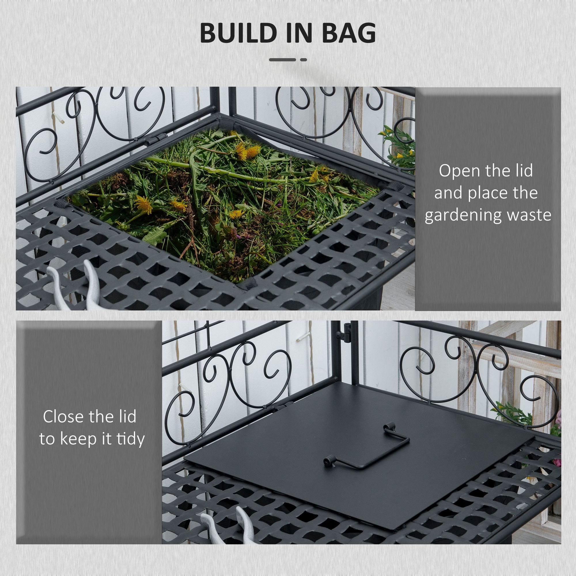 MAYEERTY Folding Metal Potting Bench, Outdoor Garden Workstation with Build-In Covered Soil Bag for Patio, Backyard, Gardening