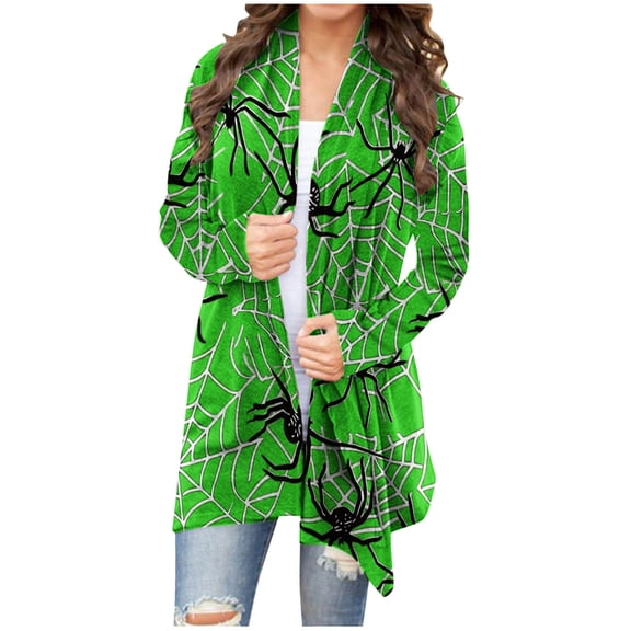 WXLWZYWL Womens Halloween Cardigan Plus Size Open Front Lightweight Pumkin Bat Spide Web Ghost Witch Print Blouse Cute Spooky Pattern Cardigans
