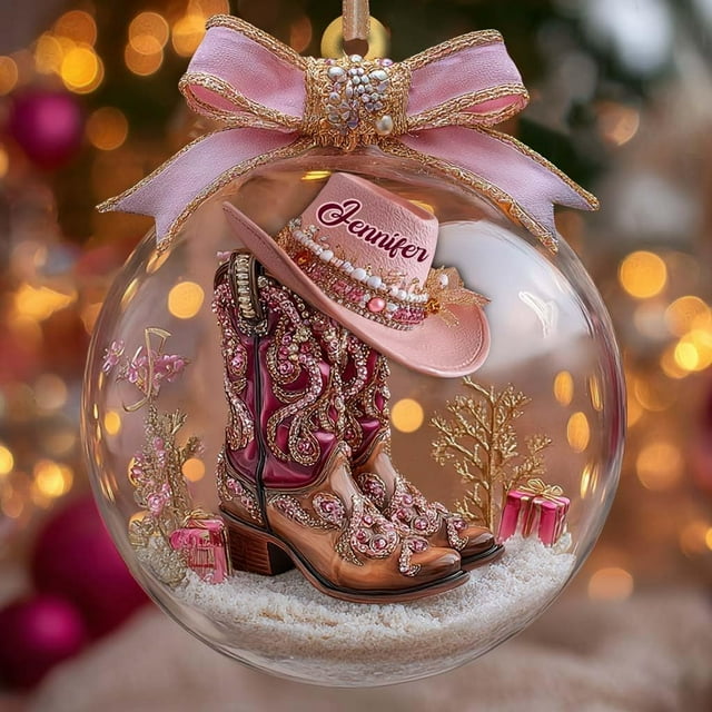 Adornos navideños personalizados con botas y sombrero vaquero - Decoración acrílica de 2 caras para el árbol del oeste plano de 2 caras